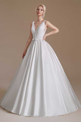 White Embroidered V-Neck Open Back A-Line Long Wedding Dress